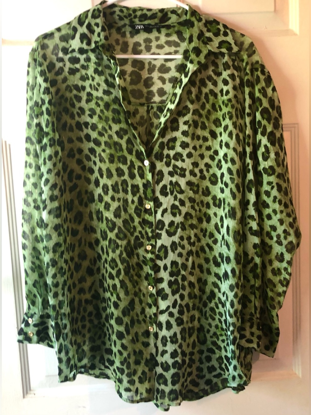 Zara Green Black Leopard Spot Print Gold Metallic Sheer Button Up Blouse Large